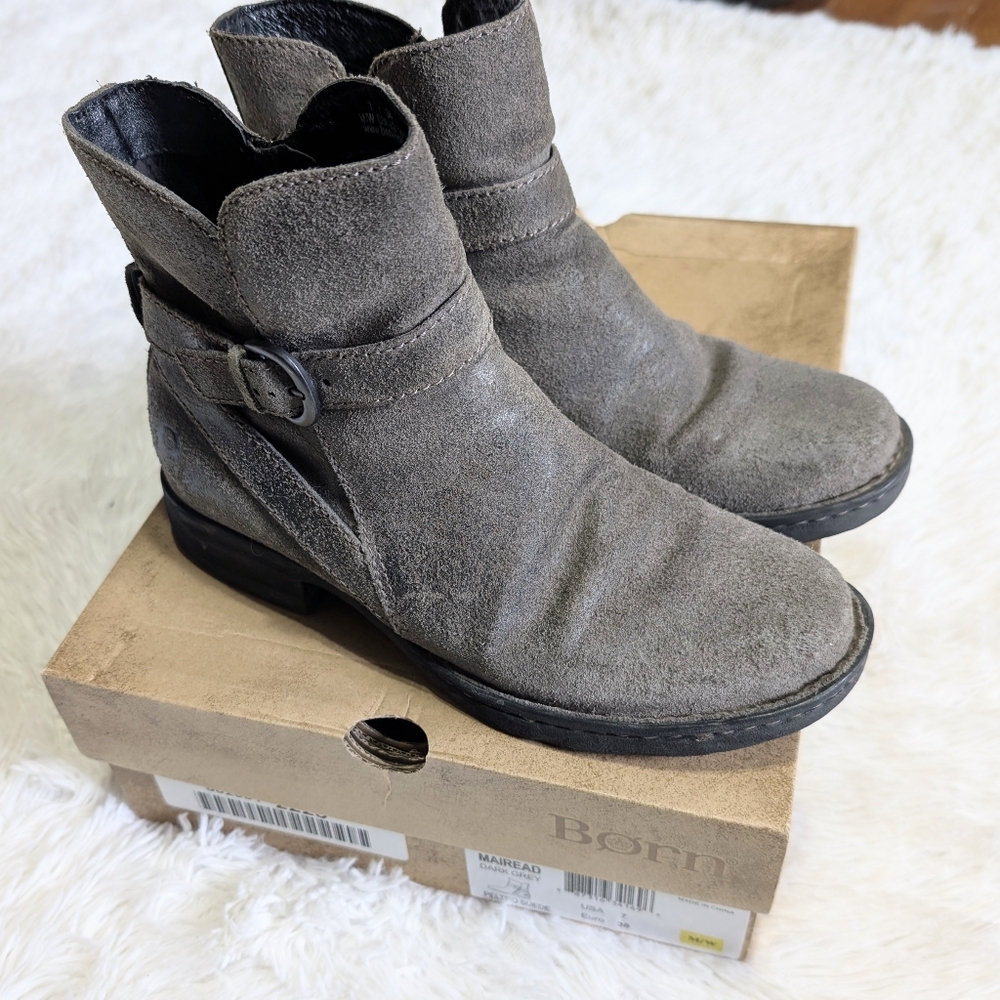 Born Grey Peltro Suede Leather Mairead Ankle Buckle Boots Size 7